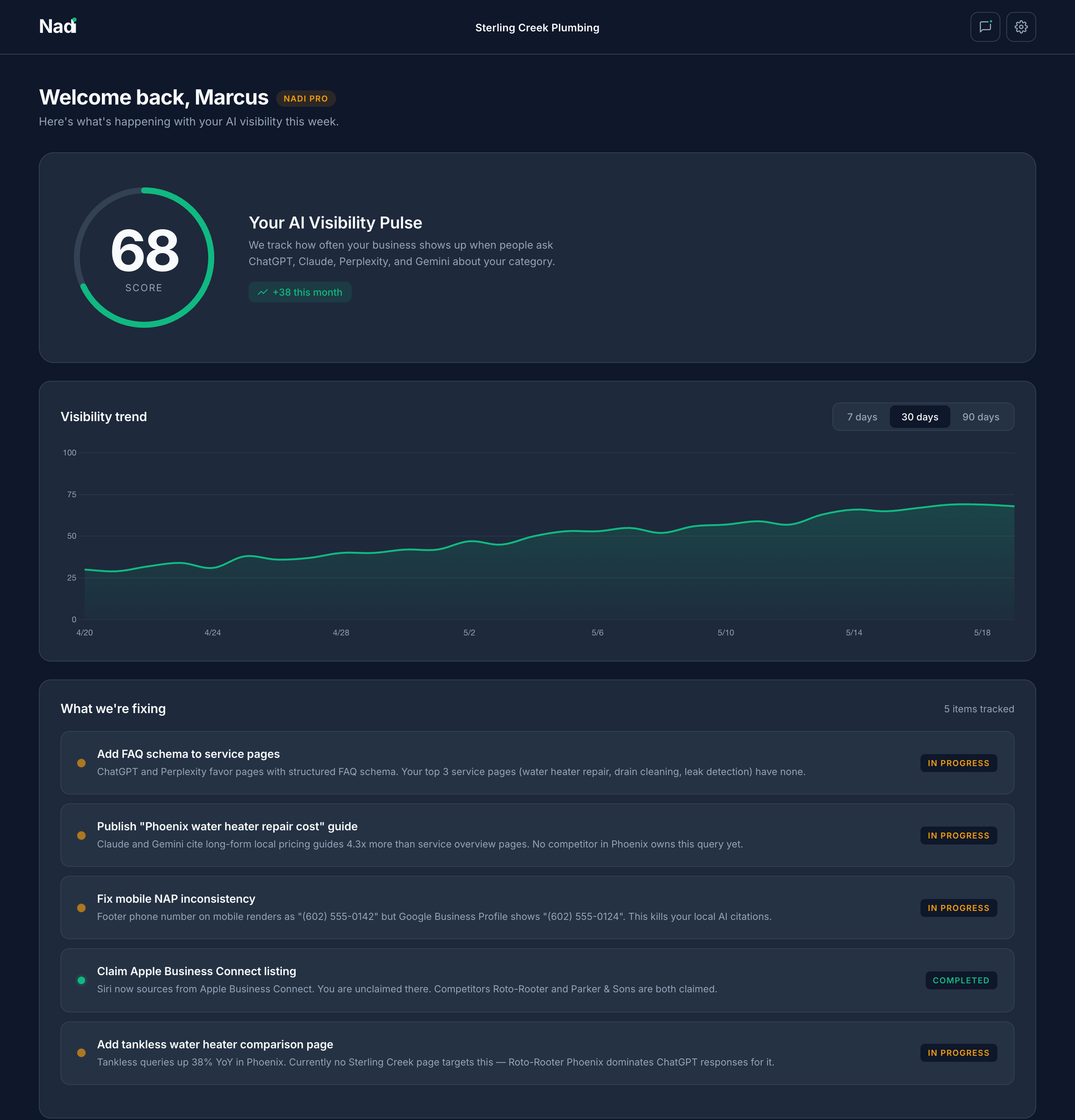 Nadi dashboard for Sterling Creek Plumbing showing AI visibility score, 30-day trend, and live action items